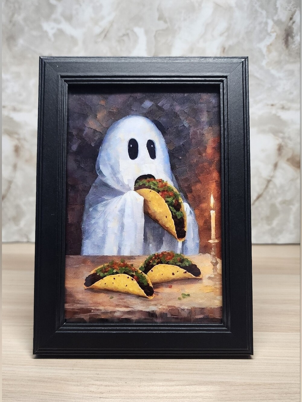 Playful Ghost Eating Tacos Framed Art - Black / White